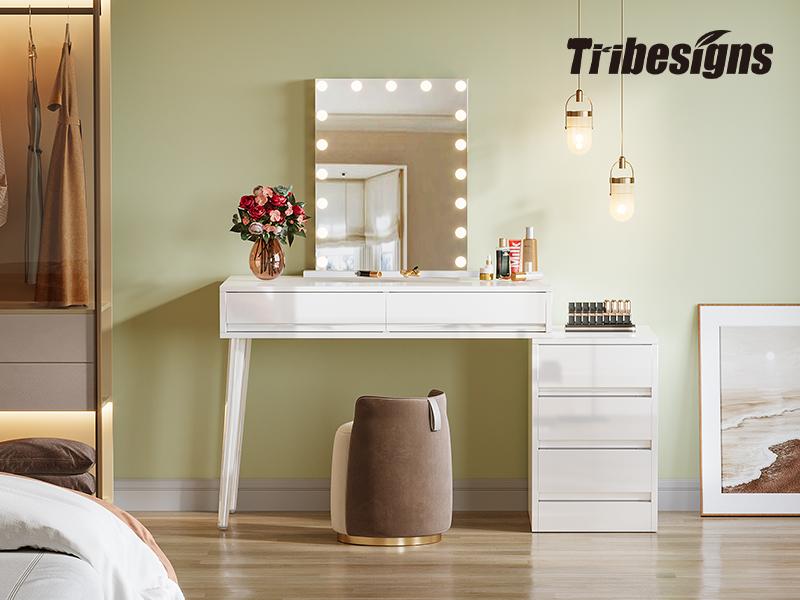 Tribesigns White Desk with 5 Drawers, Modern Home Office Desk with Storage Drawers and Printer Stand, Reversible Computer Desk Vanity Desk for Bedroom, Living Room, Sleek White Furniture Cabinet