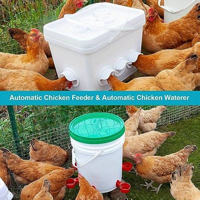 Automatic Chicken Duck Feeder Kit,No Waste Automatic Poultry Feeder Ports Kit & Waterer Set, Rainproof, No Waste,6 Feeding Ports, 6 Water Cups,A hole Saw and Drill Bit