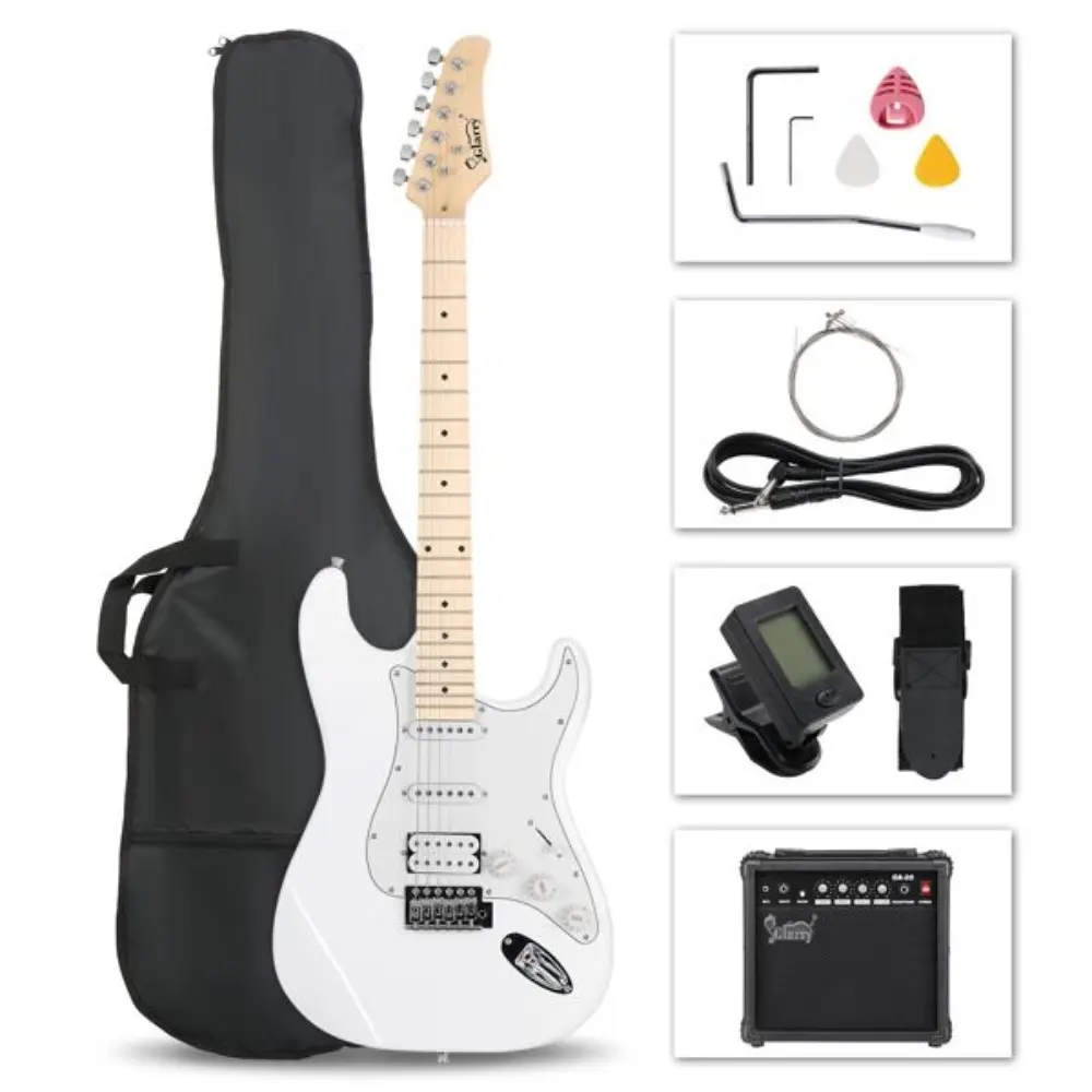 Glarry GST Right-Handed Electric Guitar Kit for Beginners - S-S-H Pickups (Including Humbucker), 20W Amplifier, Basswood Body, Adjustable Strap, Silent Play, Gig Bag, Picks, Spanner Tool, Casual Use (White)