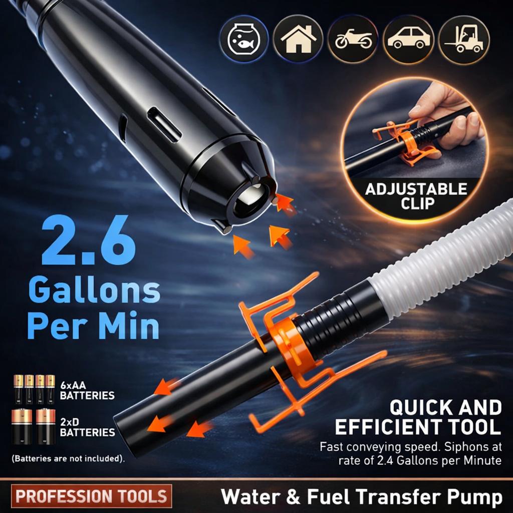 Portable Battery Operated Liquid Transfer Pump, 2.6 GPM Electric Fluid Pump with Flexible Hose & Adjustable Nozzle for Water, Oil, Car Fluid & Household Transfer