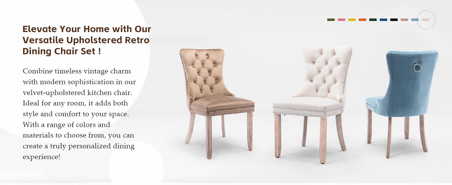 Velvet Dining Chairs Set,Upholstered Dining Room Chairs with Ring Pull Trim&Solid Wood Legs,Farmhouse Tufted Kitchen Chairs