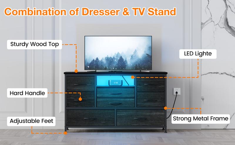 GARVEE Wide Dresser with 8 Large Drawers for 55" Long TV Stand, Fabric Drawer for Bedroom with Power Outlet, Chests of Drawers for Bedroom, Living Room, Closet, Entryway, Living Room Storage