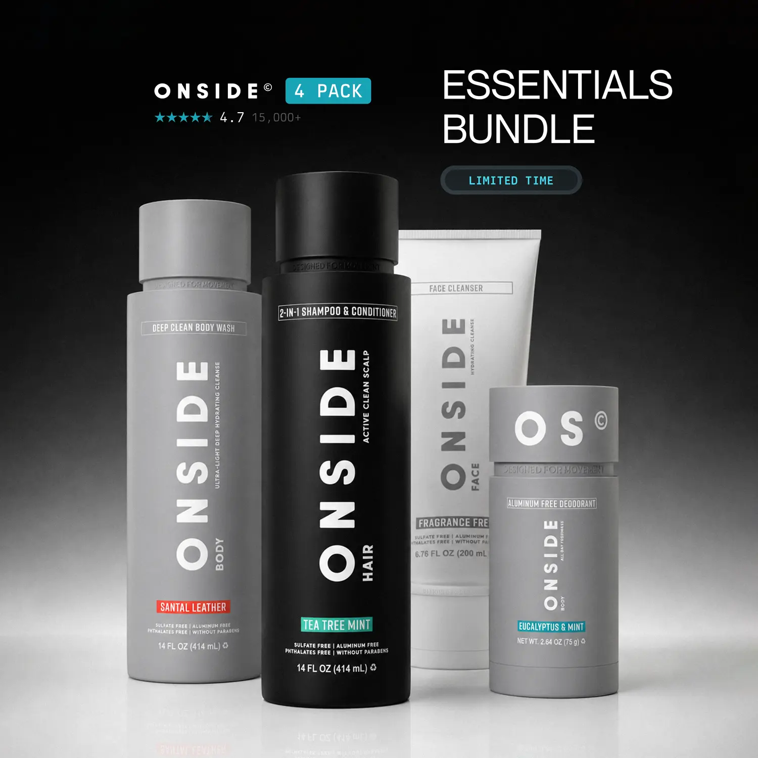 ONSIDE Essentials Bundle | Aluminum Free Performance Deodorant, Deep Clean Body Wash, Shampoo & Conditioner 2-in-1, Face Cleanser