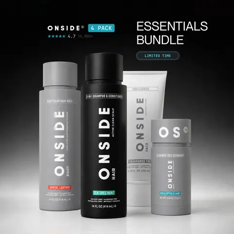 ONSIDE Essentials Bundle | Aluminum Free Performance Deodorant, Deep Clean Body Wash, Shampoo & Conditioner 2-in-1, Face Cleanser