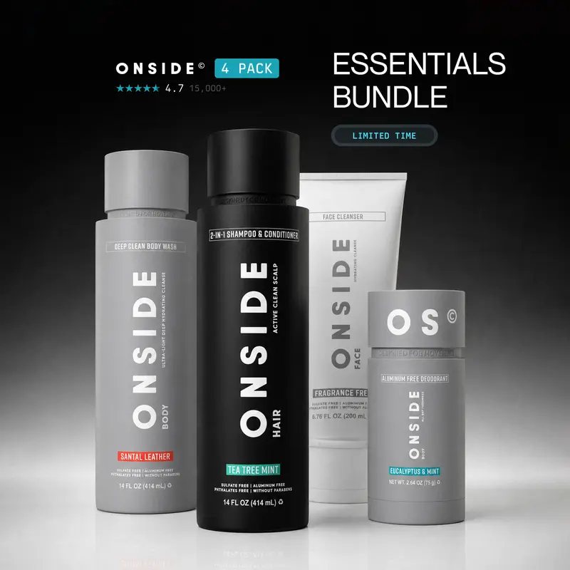 ONSIDE Essentials Bundle | Aluminum Free Performance Deodorant, Deep Clean Body Wash, Shampoo & Conditioner 2-in-1, Face Cleanser