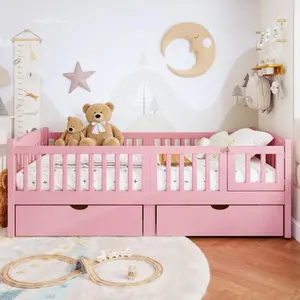 【Bellemave】Twin /Twin XL Platform Bed with Full-length Guardrails, Kids Platform Bed with Storage Drawers, Childlike and Cute Headboard Design