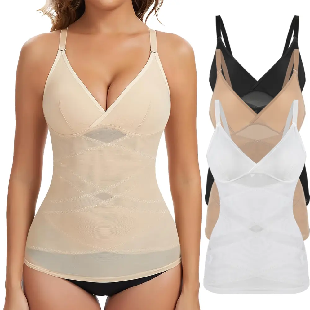 Women's Tummy Control Shapewear Camisole, V-Neck Spaghetti Strap Tank Top with Built-in Bra, Lightweight Nylon for Work, Party, Wedding, up to 3XL, Spaghetti Straps, Body Contouring, Everyday, Nylon Blend, Yoga