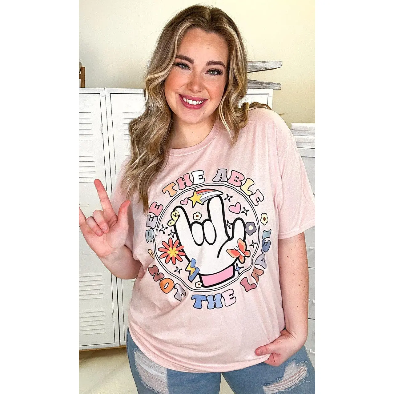 Tees2urdoor Women's 'See the Able' Cute Graphic T-Shirt - 100% Cotton Basic Round Neck Short Sleeve Top with Butterflies, Unisex Fit for Casual Valentine's Day, Fits True to Size, Tshirt, Love
