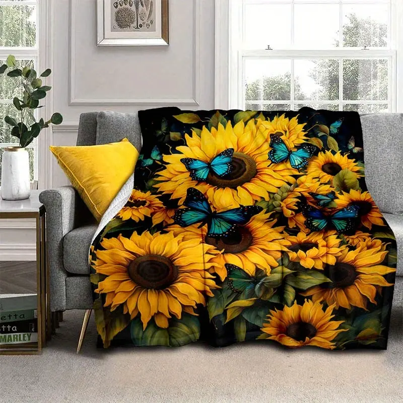 1Pc Sunflowers And Blue Butterfly Thin Blanket - Lightweight Flannel Throw For Sofa, Bed, Travel, Camping, Livingroom, Office, Couch, Chair, And Bed - Digital Printing Fleece Blanket With Soft And Warm Flannel Fabric