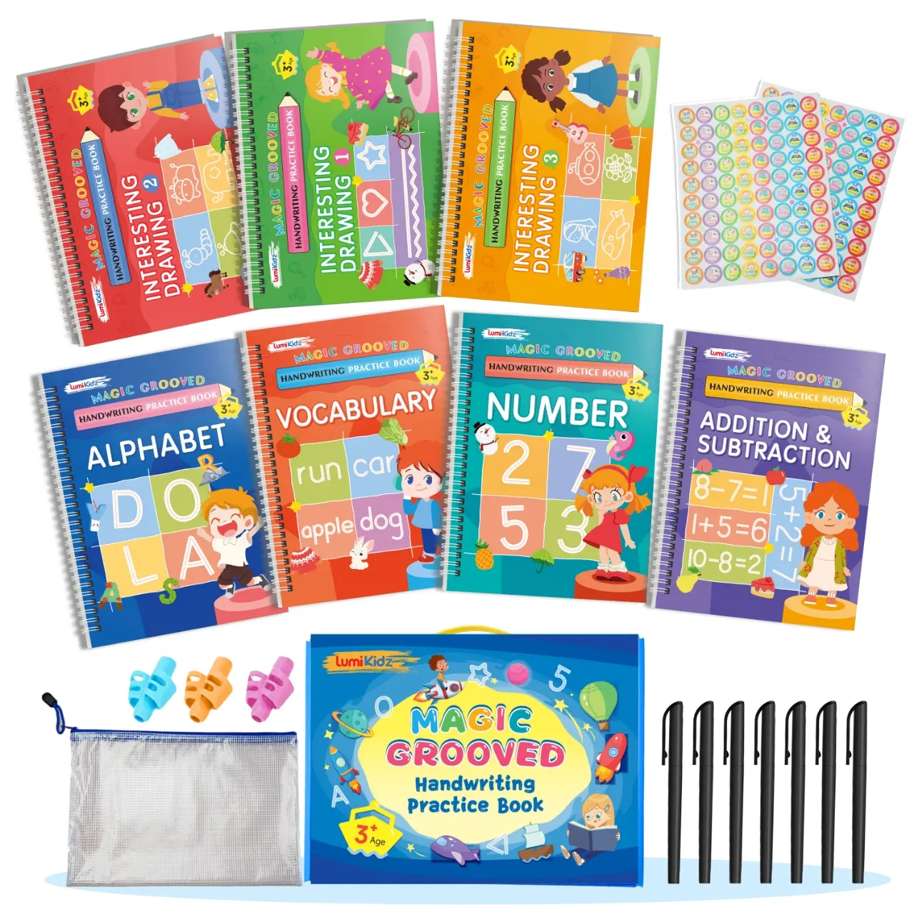 [BackToSchool]2027 LUMIKIDZ Magic Grooved Handwriting Practice Book, Preschool Back to School Supplies, Reusable Kids Tracing Workbook, Montessori Screen Free Learning Toys for 3-6 Year Old Toddlers, Kindergarten Prep, Stationery Set, Teaching Supplies, L