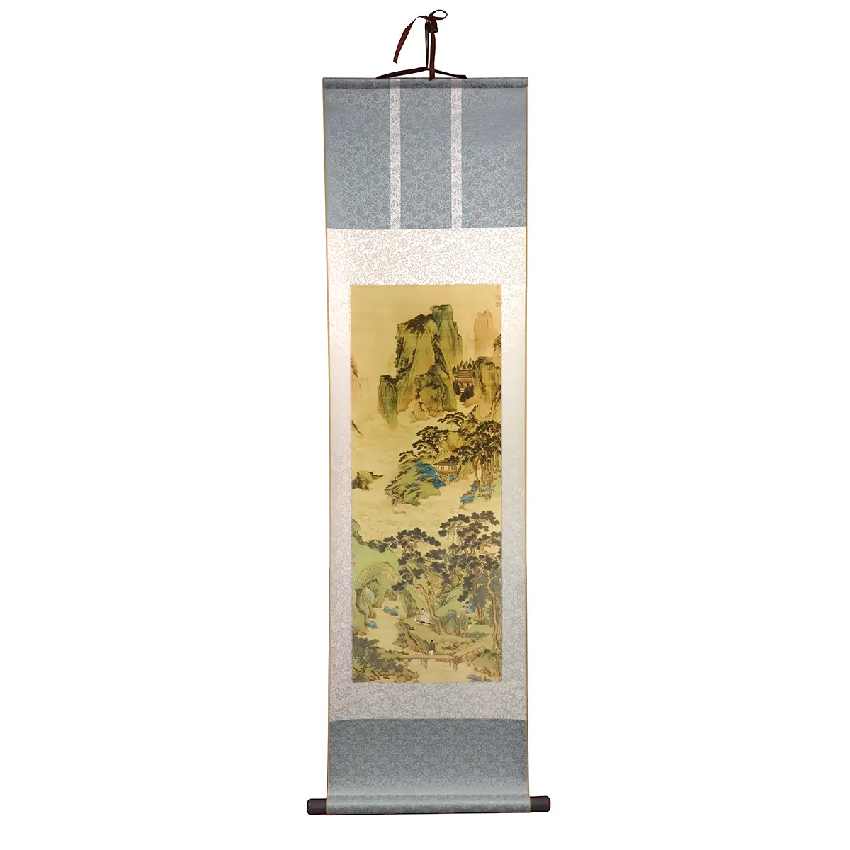 Artistic Chinese Wall Scroll - Qiu Ying's 'Jade Cave Immortal Source' Silk-Like Blue-Green Landscape Print with Immortals, Solid Wood Rollers, Inspirational Pattern Print, Smooth Fabric, Mountable Hanging Wall Decor Pictures for Study, Gift Box Included