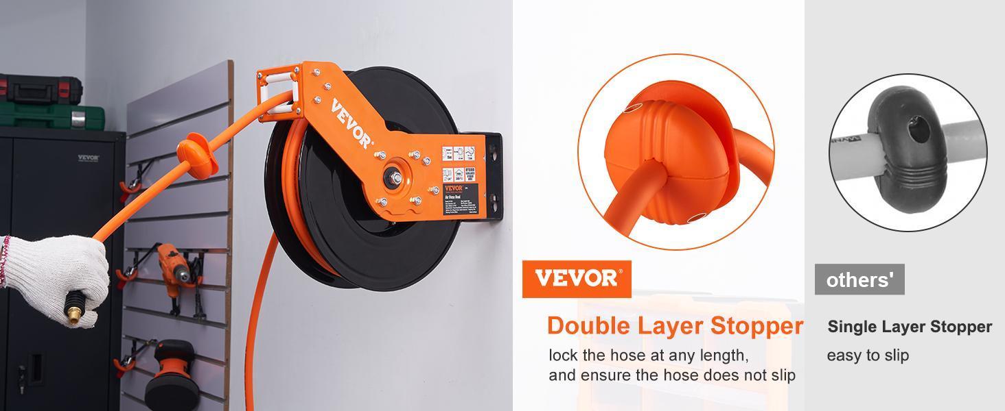 【Back to School】VEVOR Retractable Auto Rewind Air Hose Reel, 100 FT Kink-Free Hybrid Hose (300 PSI), 5 FT Lead-In, Ceiling/Wall Mount Heavy-Duty Single Arm Steel Reel with Double Stopper & Mount Included