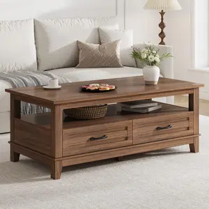 Farmhouse Coffee Table with Drawers, 47.2 in Center Table Rustic Coffee Tables Walnut Center Table with Open Shelf, 6 Support Legs