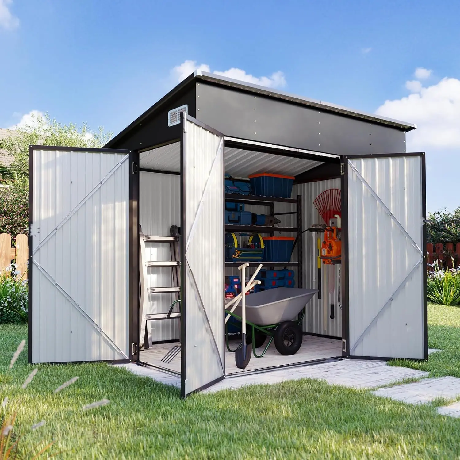 Aoxun Triple Door Garden Storage Shed - Outdoor Metal Cabinet with 3 Lockable Doors for Tools, Bicycles - Black Finish for Garden, Backyards, Garden Storage Sheds