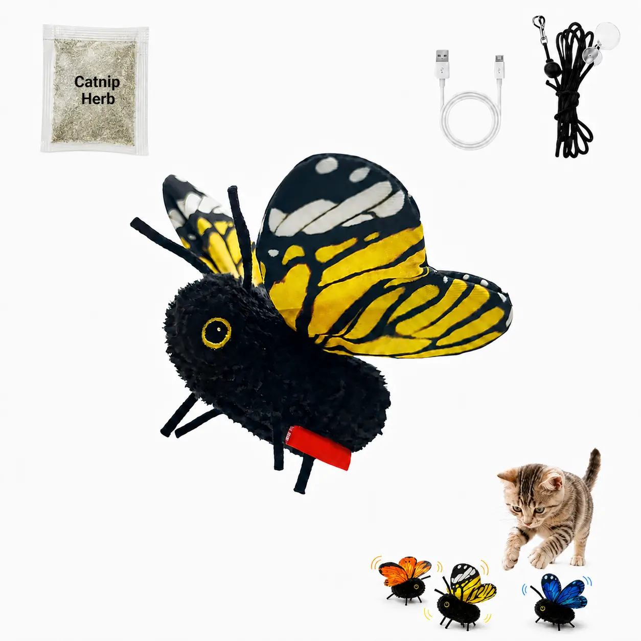Interactive Electric Butterfly Toy, 3 Smart Flying Modes, USB Rechargeable Hanging Toy with Washable Cover for Indoor Cats, Teaser Toys