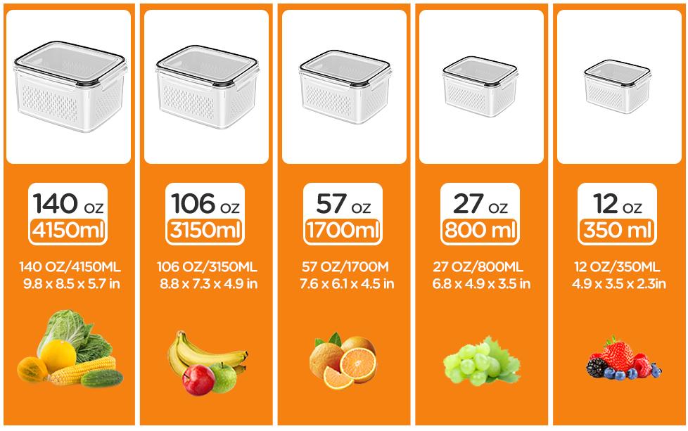 5-Pack Fruit Frige Organizers and storage-Stackable Fruit Storage Containers for Fridge with Removable Colanders 4 in 1 with Lids for Salad Berry Meat