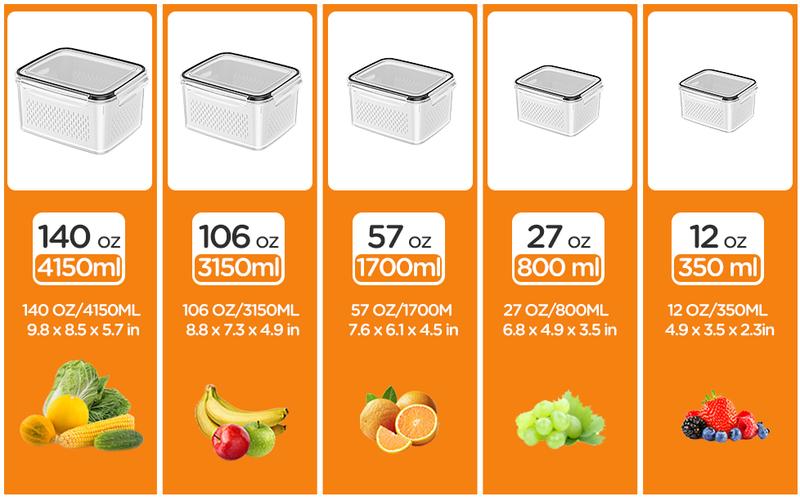 5-Pack Fruit Frige Organizers and storage-Stackable Fruit Storage Containers for Fridge with Removable Colanders 4 in 1 with Lids for Salad Berry Meat