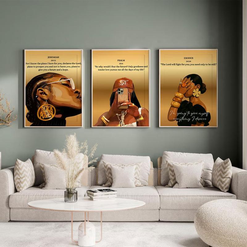 A set of three black Christian girl wall hangings, scripture prints, Bible verse wall hangings, girl's room decorations, Christian wall hangings, canvas-covered frames.