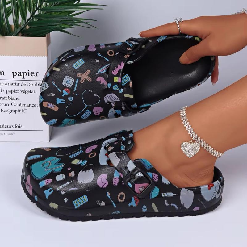 Medical Healthcare Workers Cartoon Print Platform EVA Clogs Mules Walking Shoes with Beautiful Print - Women Footwear Comfort Lightweight Buckle Water-Resistant Stylish & Practical Girl classic slip-on fashion walk shoe slipper Women's