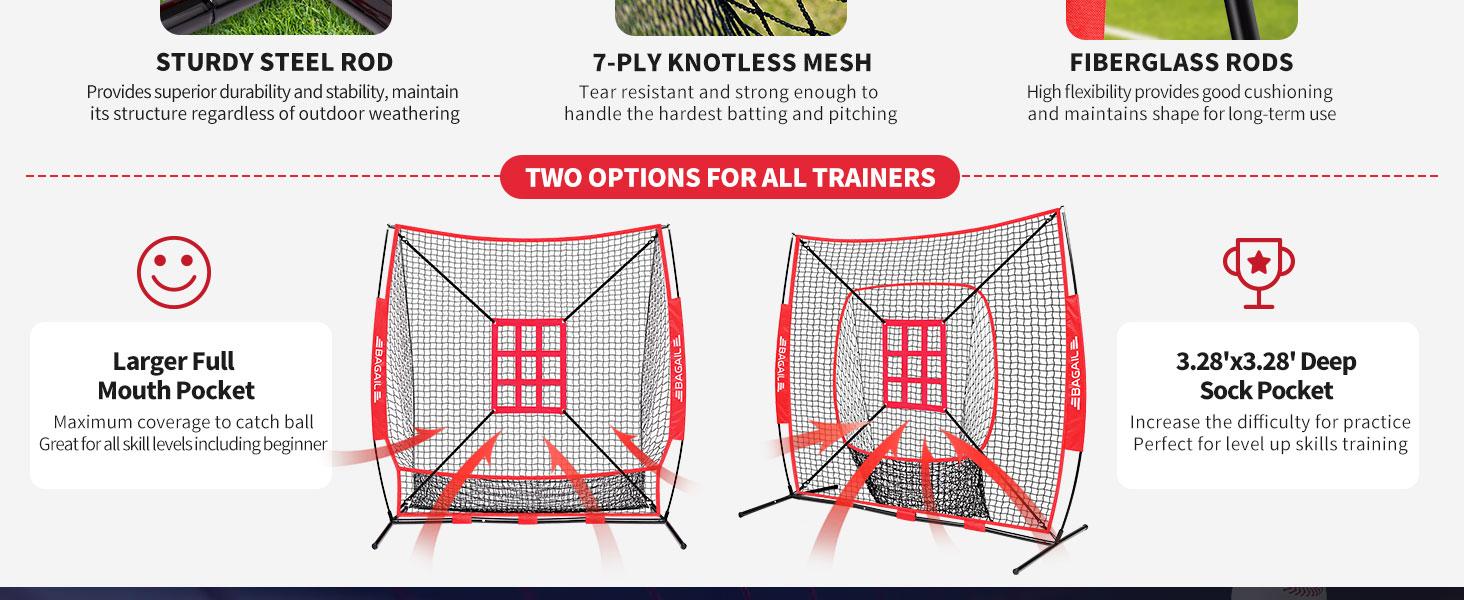 【SpringStatements】BAGAIL 7x7 ft Baseball & Softball Practice Net with Bow Frame for Batting, Hitting, Pitching, Portable Baseball Throwing Net with 2 Strike Zone Batting Tee, Carry Bag, Great for All Levels
