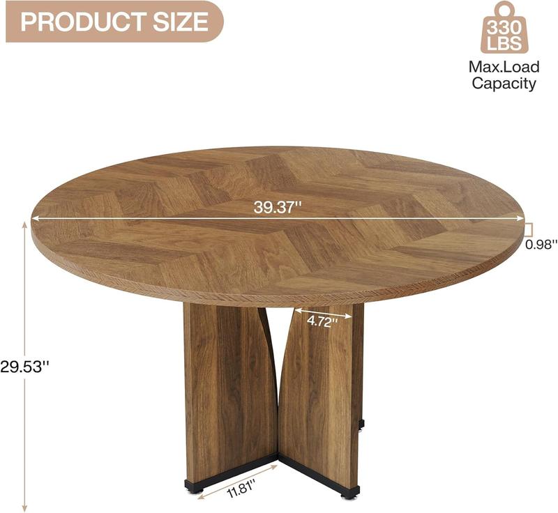 LITTLE TREE Round Dining Table, 39.37" Wood Kitchen Table for 4 People, Farmhouse Dinner Table with Wooden Table Top and Legs, Rustic Brown Dining Table for Dining Room Living Room (Brown)