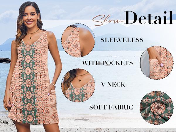 Women's Casual Sundress with Pockets Spring Summer Boho Beach Dress Floral T-Shirts Dress V Neck Loose Tank Dresses Flowy Swing A-Line Mini Dress Machine Washable Elegant Womenswear Thin Slightly translucent Sizes run small