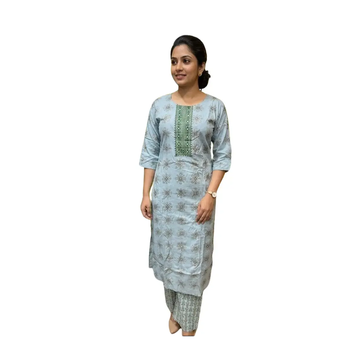 #2PS-23 Pastel Blue Printed Kurta & Pant Set with Embroidered Yoke