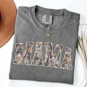 Comfort Colors® Hunting Mama T-Shirt, Camo Mama Shirt, Mother's Day Gift, Camouflage Mama T-Shirt, Varsity Mama Shirt, Retro Mam Shirt