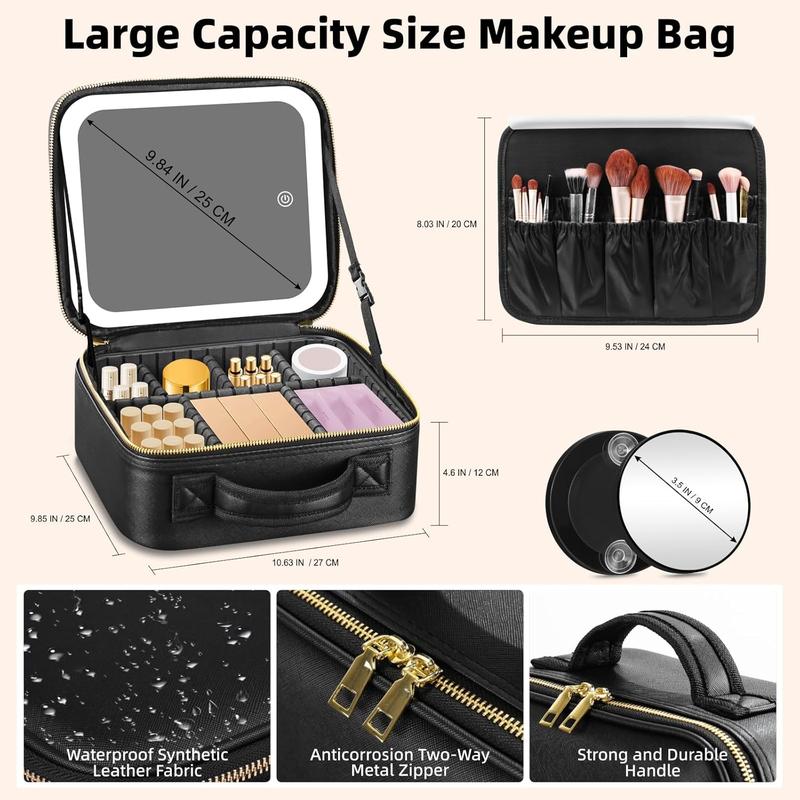 Travel Makeup Bag With LED Mirror, Cosmetic Train Case with Light up Mirror, Portable Makeup Artist Organizer Bag with Adjustable Dividers