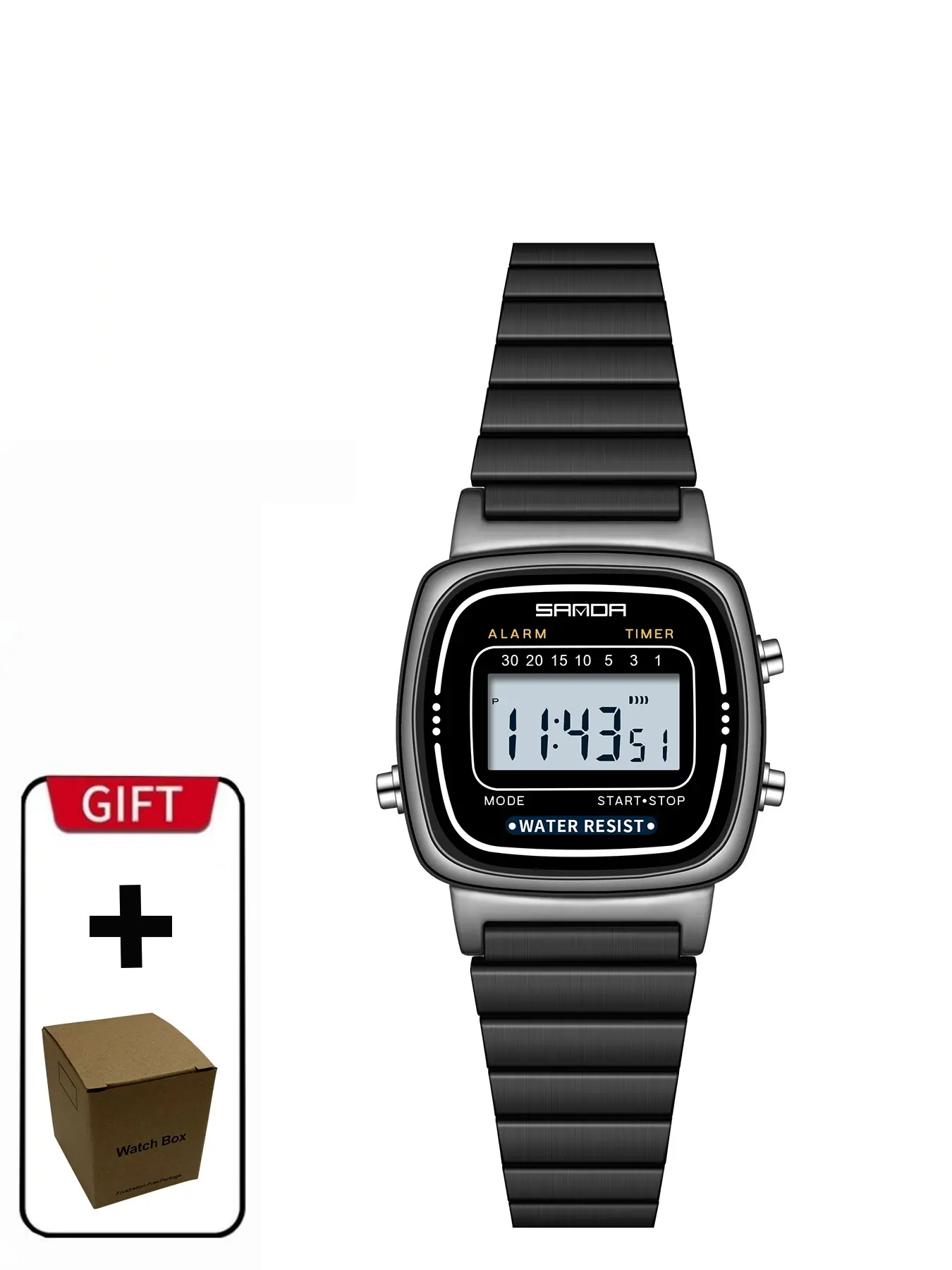 Sanda 6053 Retro Square Vintage Digital Multifunctional Watch for Women, Steel Band Electronic Watch, Fashion Wristwatches, Fashionable Waterproof Wristwatch, 30m Waterproof, Alarm Clock, Timer, Student Wristwatch