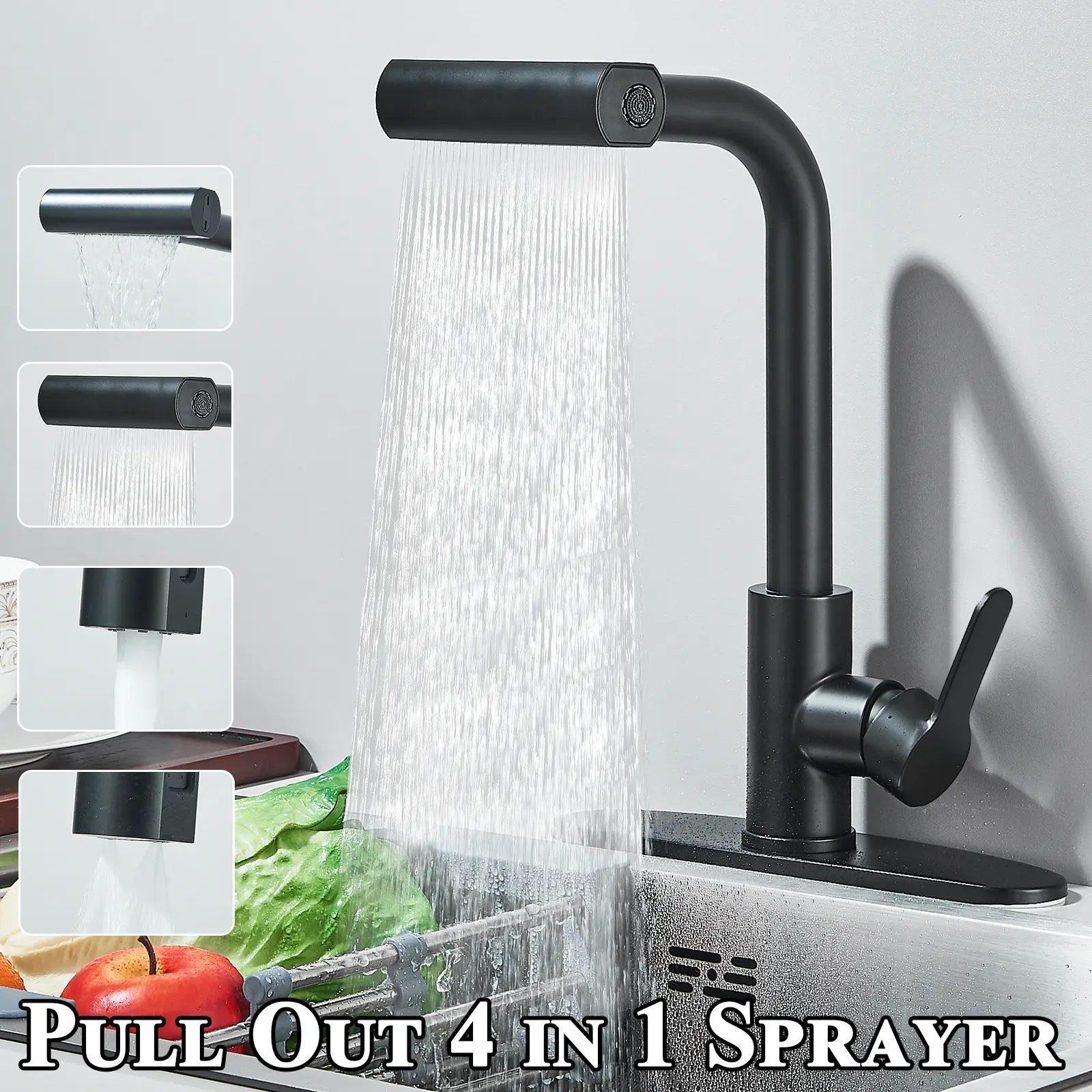 Waterfall Kitchen Faucet with Pull Down Sprayer 1 or 3 Hole Single Handle Stainless Steel Black Commercial Modern Kitchen Faucets with 4 Modes Home Install pot filler kitchen
