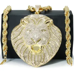 Huge Extra Large "Lion Face" 14k Gold Plated Pendant & Rope Chain