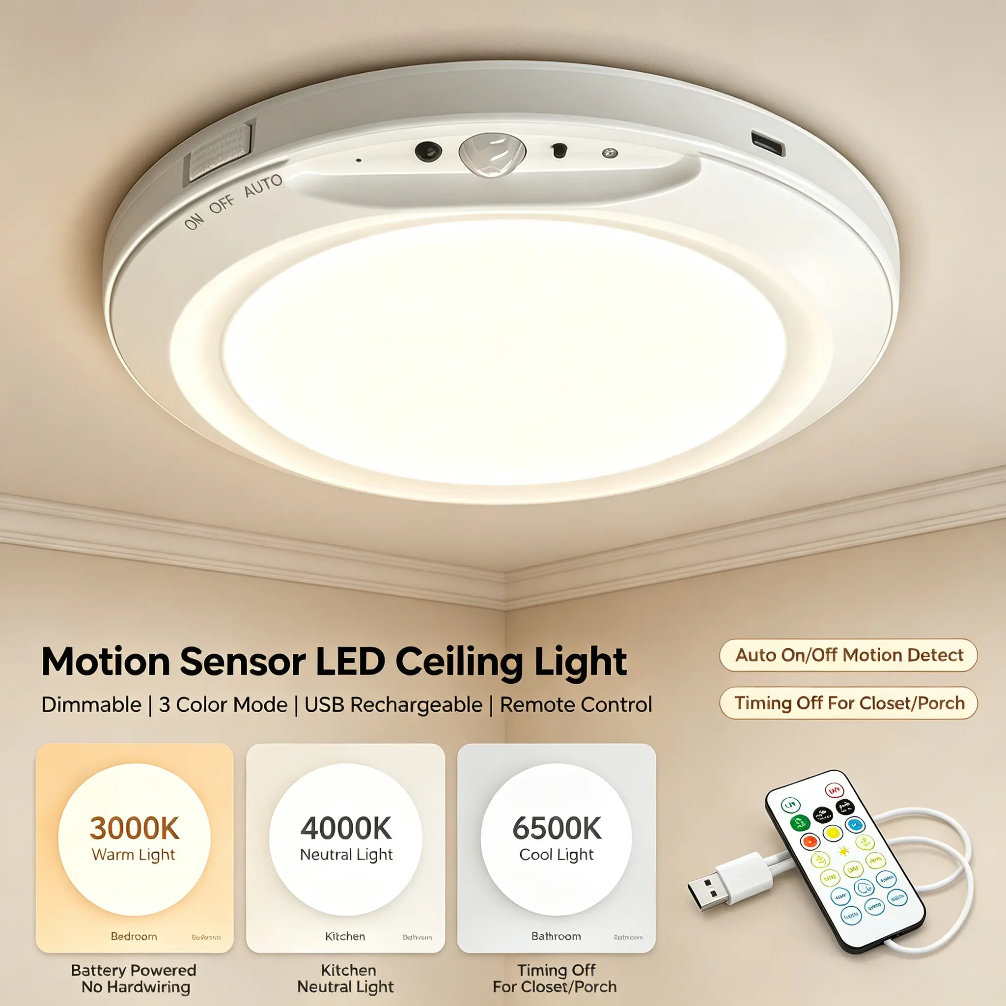 KEYDOORS Slim Round Rechargeable Motion Sensor LED Ceiling Spot Light, Wireless No-Hardwired Indoor Use Lamp, USB-Powered with Remote Control, 3 Color Temperature Dimmable, Adhesive-Mounted for Renters, Auto Detect