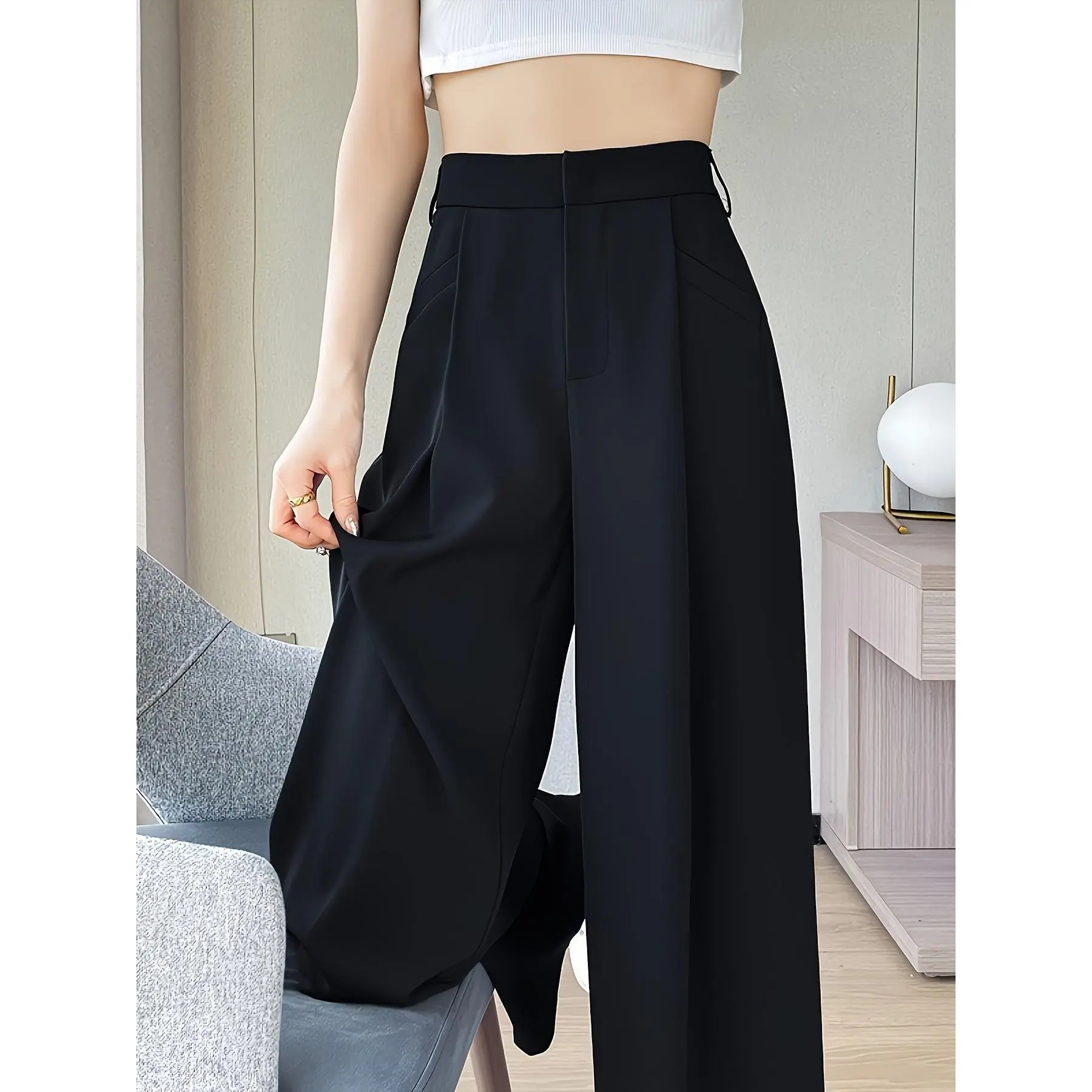 2026Women's 2025 Spring Summer Minimalist Beige Fold-over Yoga Pants - Casual, Loose Straight Wide-leg Floor-length Workout Bottoms with Simple Style, 1-piece Elegant Basic Women's Clothes, One Piece
