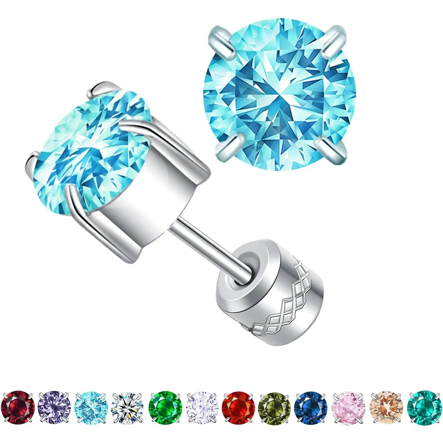 Titanium Flat  Surgical Stainless Steel Stud Earrings for Women Men,Birthstone Stud Earrings  Double Side 5A Cubic Zirconia Studs  6mm