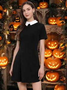 INSPIRE CHIC Women's Flare Dress Halloween Contrast Peter Pan Collar Short Sleeves Wednesday Addam Dresses