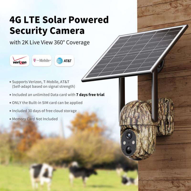 Solar Surveillance 4G LTE Cellular Security Camera – 2K HD Video 360° View, No WiFi, Remote APP Controlled, WaterProof, Motion Activated, Night Vision, 4G Data Card Included (Data refill is required for Unlimited 4G data usage)