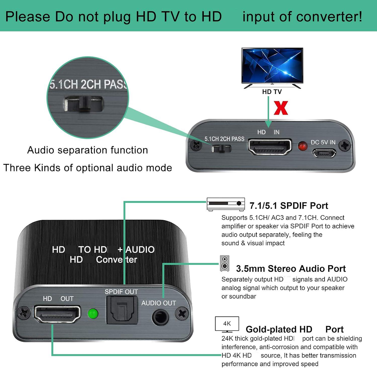 4K HDMI Audio Extractor Splitter, HDMI Audio Video Converter Adapter + Optical Toslink SPDIF + AUX 3.5mm Audio Jack Analog Audio Compatible with Fire Stick, Blu-Ray Player