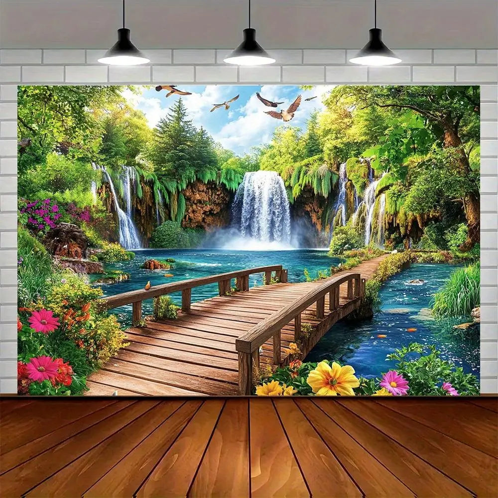 1pc 2D Flat Nature Scenery Backdrop Banner - Waterfall, Wooden Bridge, Verdant Forest Design, Vibrant Polyester Fabric, Happy Birthday Party & Photo Shoot Wall Decor - No Electricity Needed, Easy to Hang