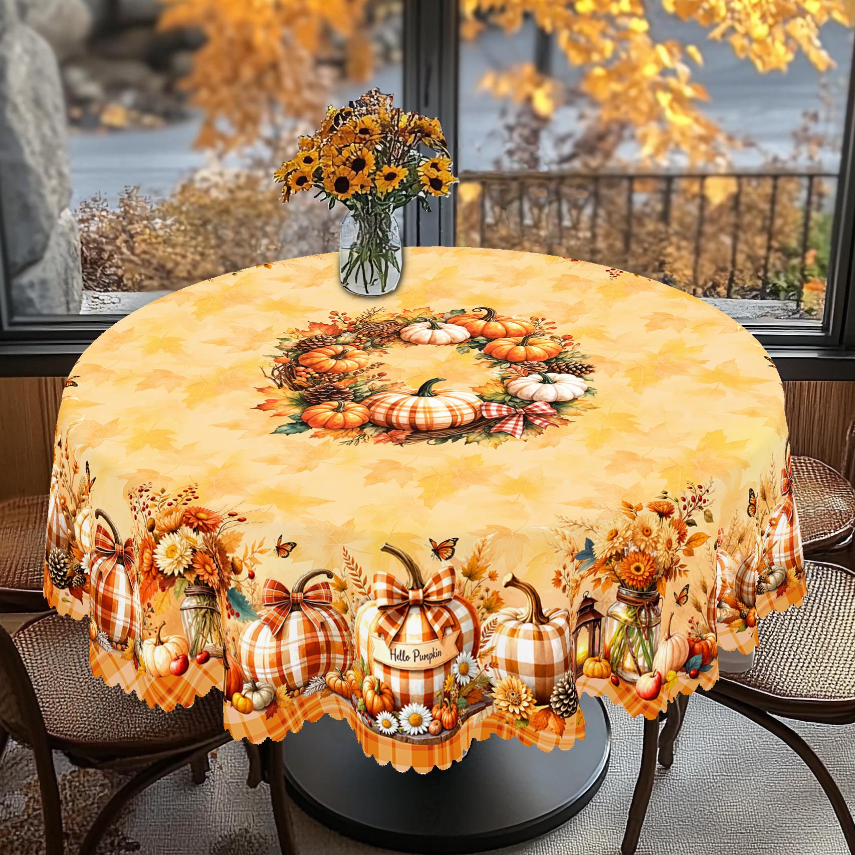 PLUMLIK Vibrant Fall Tablecloth with Buffalo Plaid Pumpkin Sunflower Patterns, Autumn Yellow Rectangular Round Table Cover Suitable for Thanksgiving Day Holiday Party, Indoor Outdoor Decor, Farmhouse Harvest Table Decoration, Home Kitchen Festive Decor