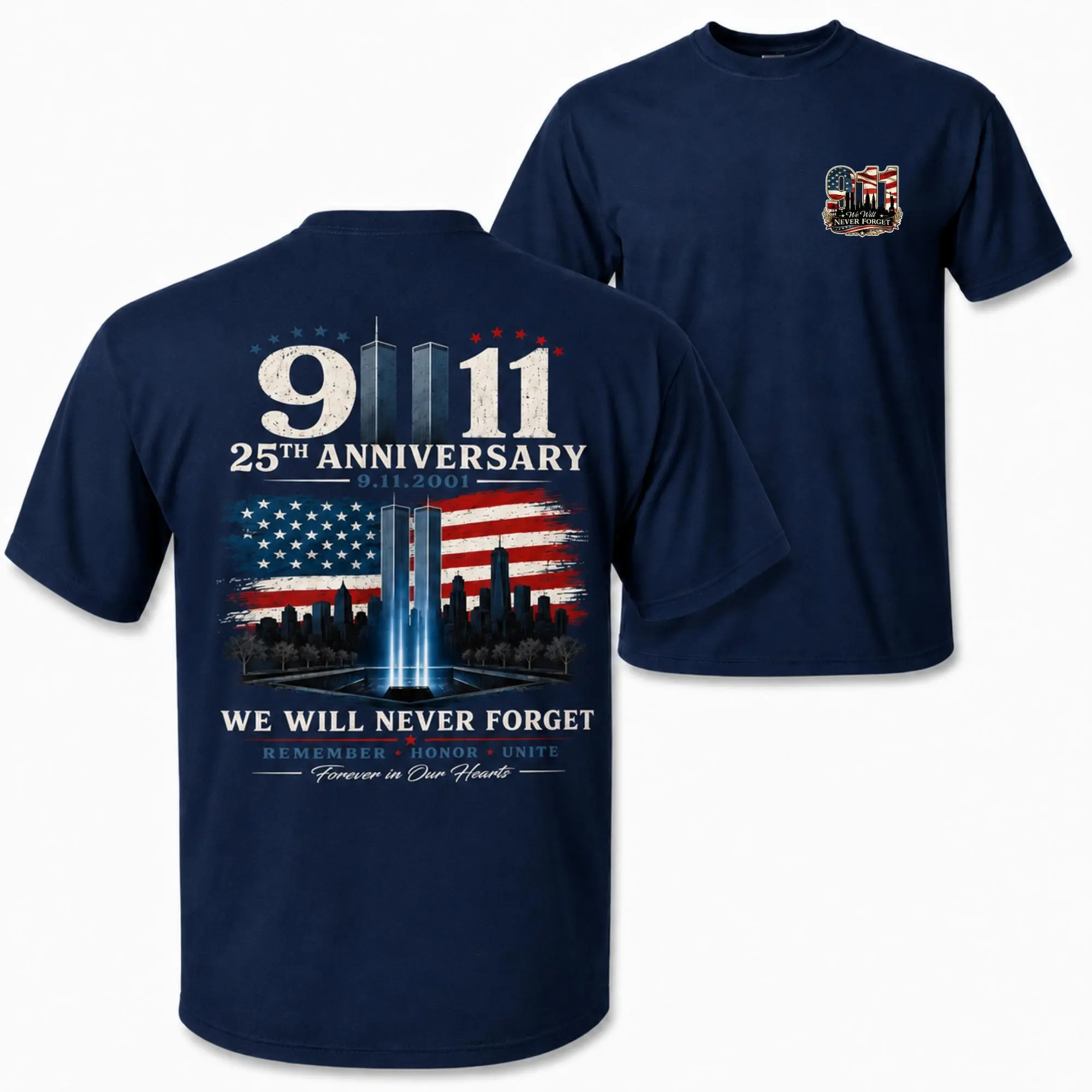 911 25th Anniversary Memorial T Shirt, Patriotic Twin Towers And American Flag Two Sided Graphic, September 11 Remembrance Gift For Firefighter Families And Patriots