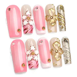 PG29 Blush Pink & Gold Foil Medium Press-On Nails | Handcrafted, Reusable, Salon-Perfect 10 PCS 3D Gel Press-On Nails | Long-Lasting