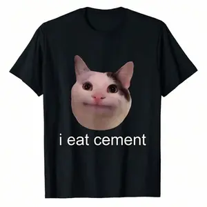 Classic Cotton Short Sleeve Tee, I Eat Cement Cursed Cat Funny Oddly Specific Meme T-Shirt Print, Crew Neck Design For Outdoor Adventures, Journeys, Hiking, And Everyday Use
