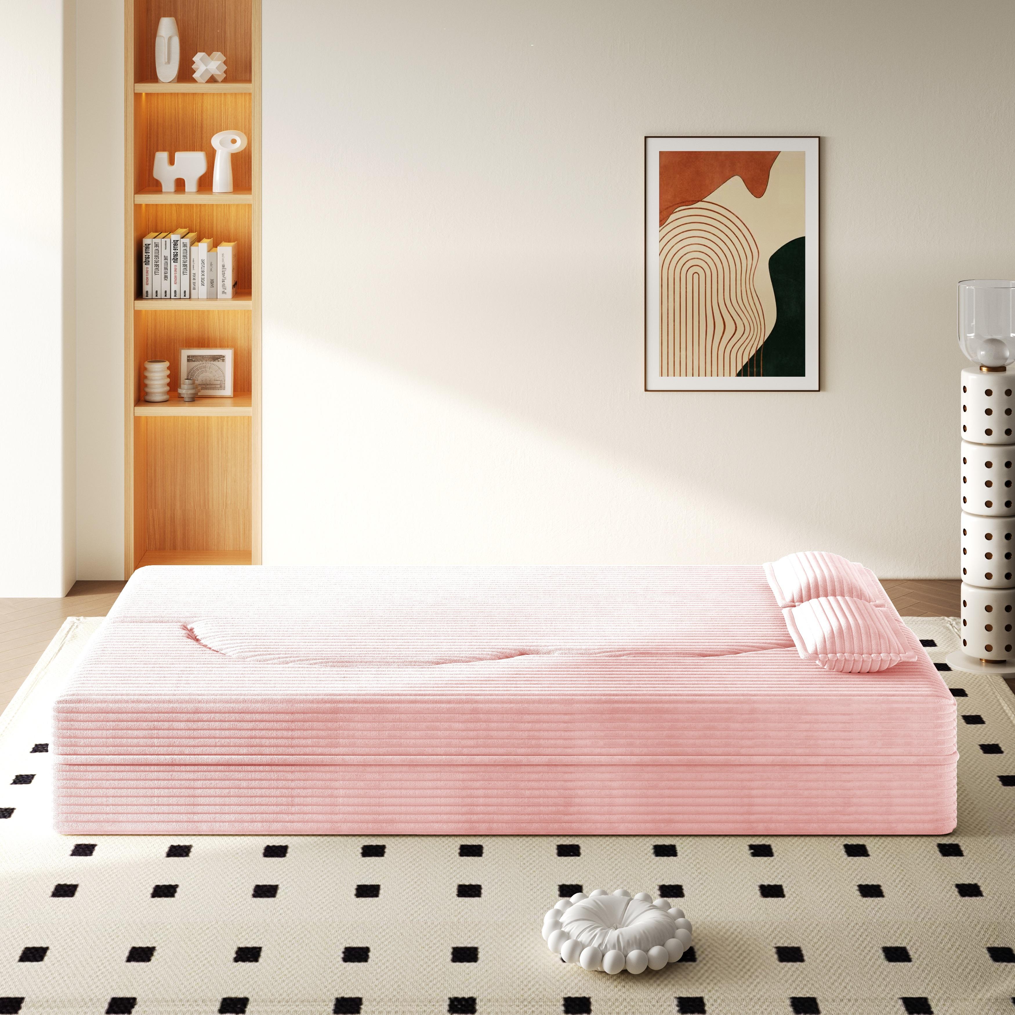 Eyisean 78in Corduroy Upholstered Padded Seat Sleeper Sofa Bed - Modern 2-in-1 Full-Size Foldable Durable Polyurethane Foam Mattress with 2 Pillows, Boneless Couch for Living Room/Dorms, 78"l x 54"w x 30"h, No Assembly Required for Everyday Relaxation