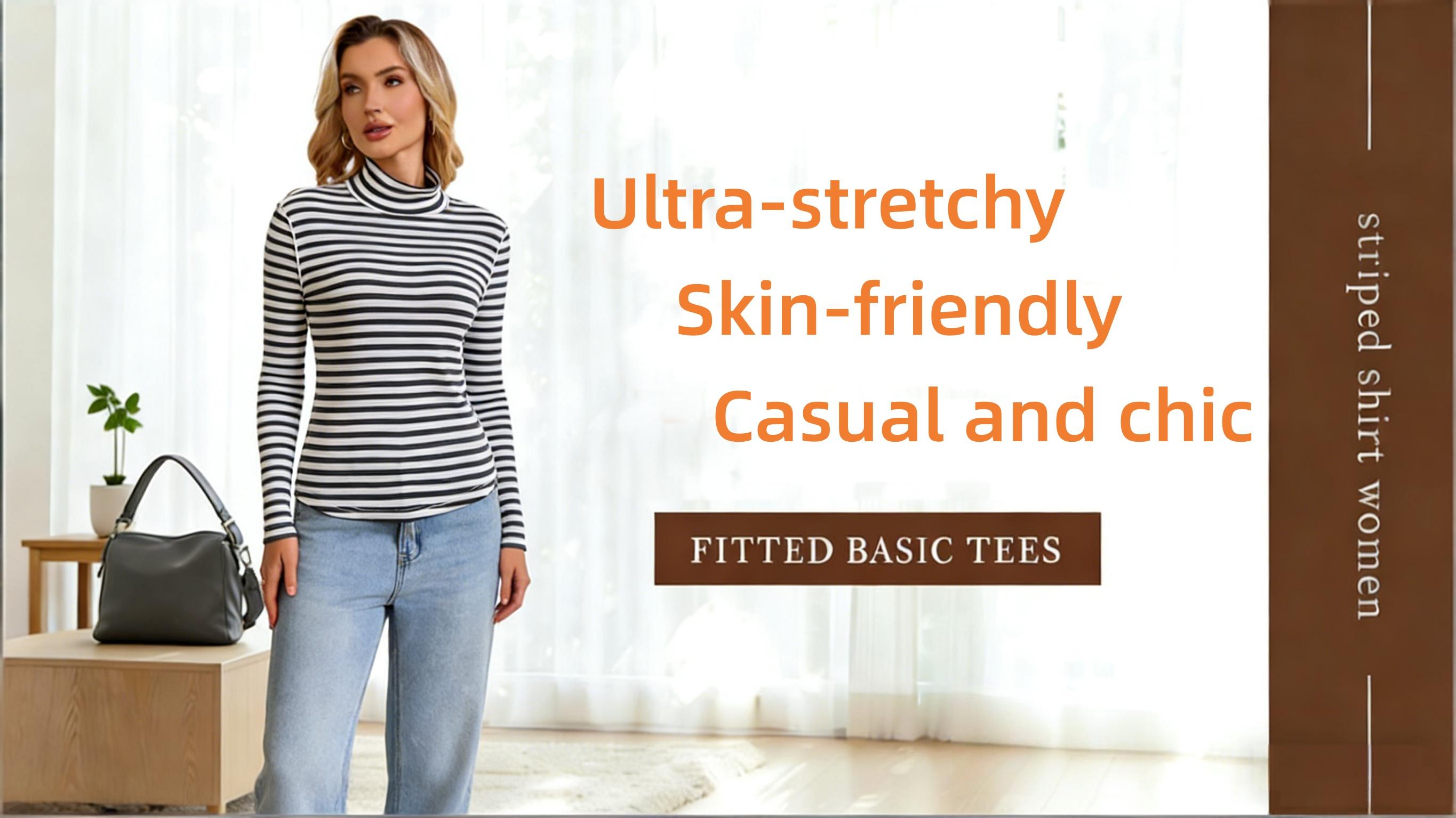 Ebossy Women's Slim-Fit Striped Turtleneck Lightweight Long Sleeve Top Soft Stretch Fabric Back Detail Basic Layering Shirt Perfect for spring & summer, casual daily & work outfits Ebossy Women's Slim-Fit Striped Turtleneck Lightweight Long Sleeve Top Soft Stretch Fabric Back Detail Basic Layering Shirt Perfect for spring & summer, casual daily & work outfits