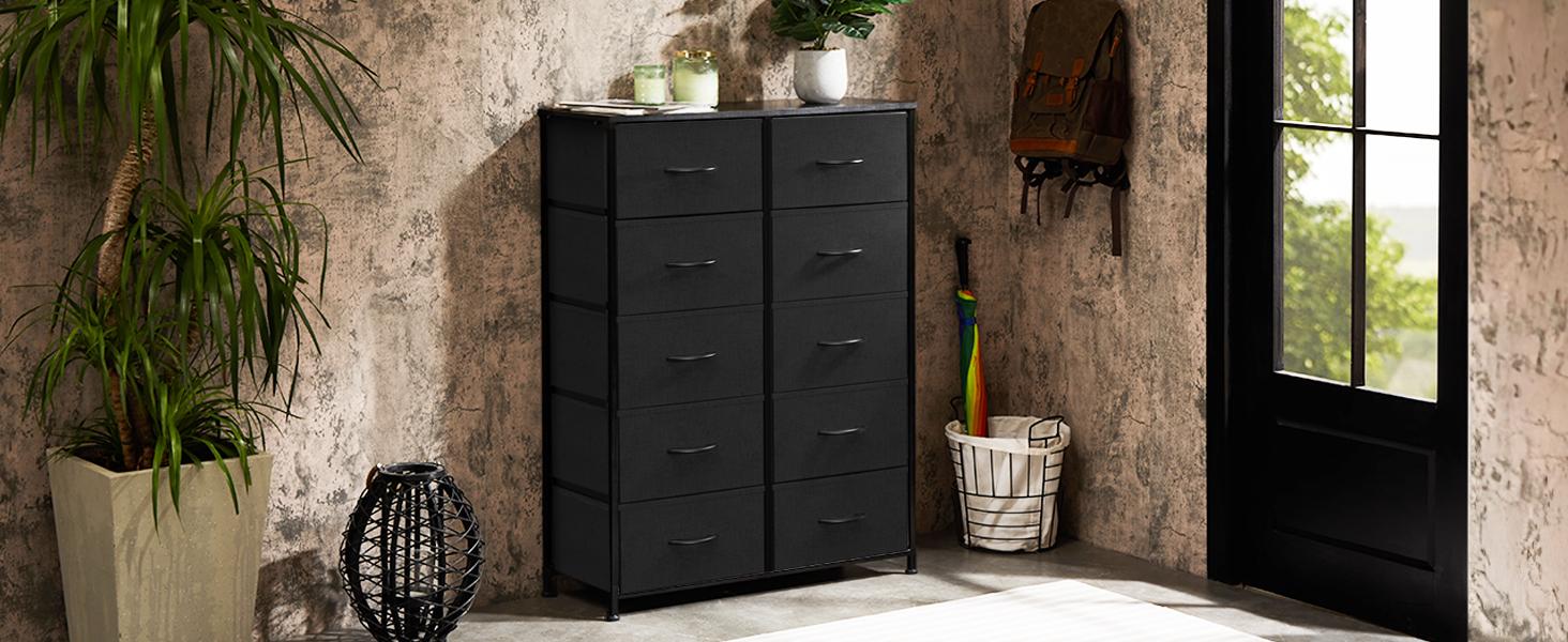 Tall Drawer Organizer Storage Drawers Fabric Storage Tower with 10 Drawers, with Fabric Bin, Wood Top for Bedroom, Closet