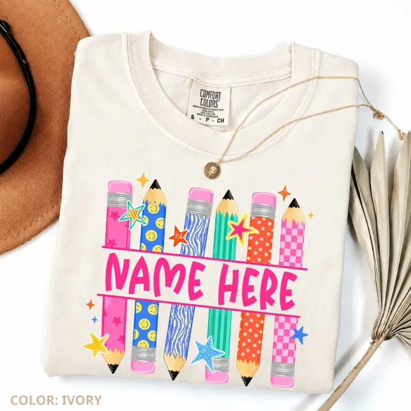 [CUSTOM] Comfort Colors Custom Name Sports Pencil Shirt, Football Teacher Graphic Tee, Personalized Back to School T-Shirt, Coach Teacher Gift Shirt