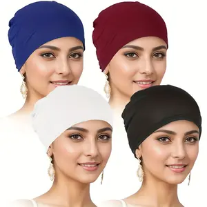 4pcs Women's Turbans Single Color Two-piece Underlay Headscarf Hat Casual Comfortable Chemotherapy Hair Cap