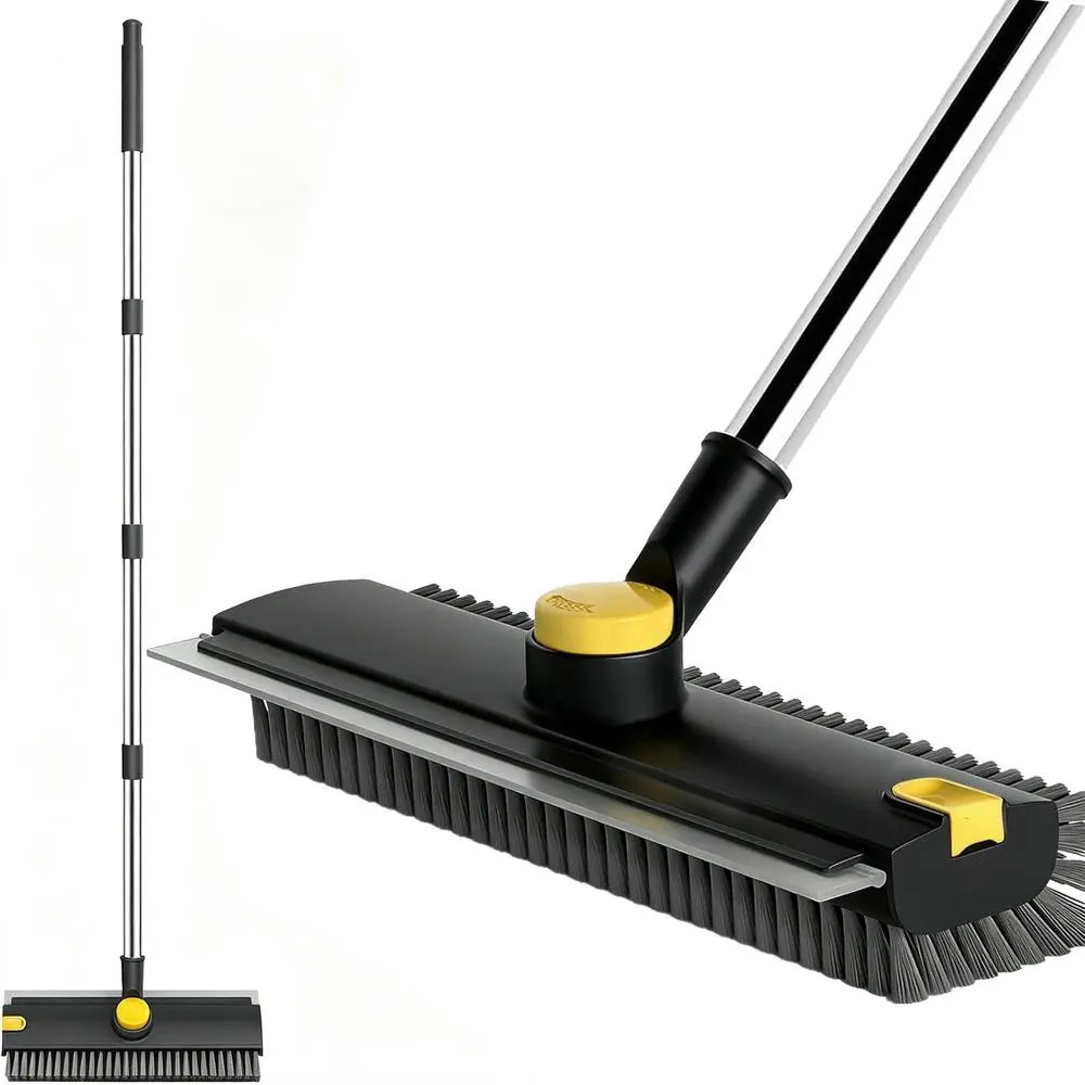 Ultra Long Reach 3-in-1 Floor Scrub Brush Removable Scrape Blade Abrasion Resistant Stiff Bristles, Multi-Area Washing Tool for Shower Bathroom Pool Courtyard Garage Kitchen Wall Outer Patio Wood Deck Black&Yellow