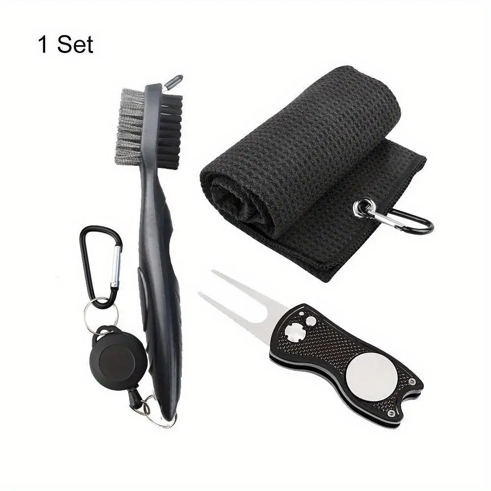 Professional Golf Cleaning Tool Set, 3 Counts/set Golf Towel & Club Groove Cleaner Brush & Foldable Divot Repair Tool, 3 in 1 Golf Cleaning Tool Set, Golf Accessories, Golf Supply, Golf Essentials Kit